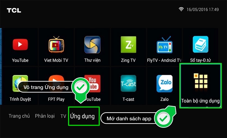 Mở danh sách ứng dụng trên Smart Tivi TCL