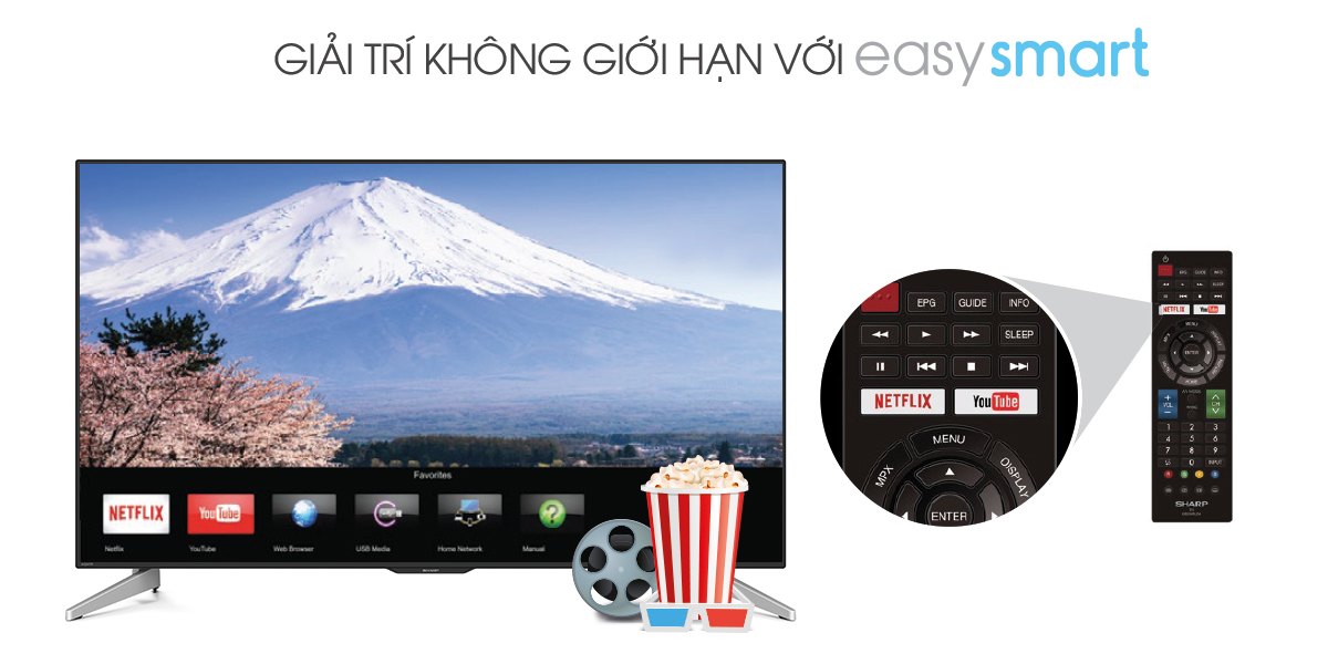 TV EASY SMART mang đến cho bạn thế giới giải trí hấp dẫn với 3 ứng dụng nổi tiếng được tích hợp sẵn trên tivi Sharp 50 inch