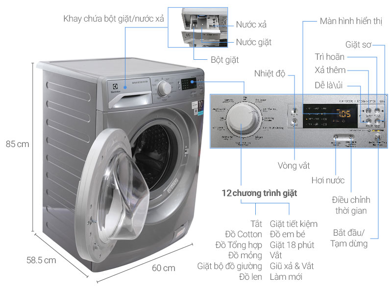 Máy giặt Electrolux 10,0kg cửa trước inverter EWF1024P5WB(UltimateCare  500,UltraMix,HygienicCare ,1200rpm,Màu trắng) - Công Ty Cổ Phần Công Nghệ  Cường Vũ