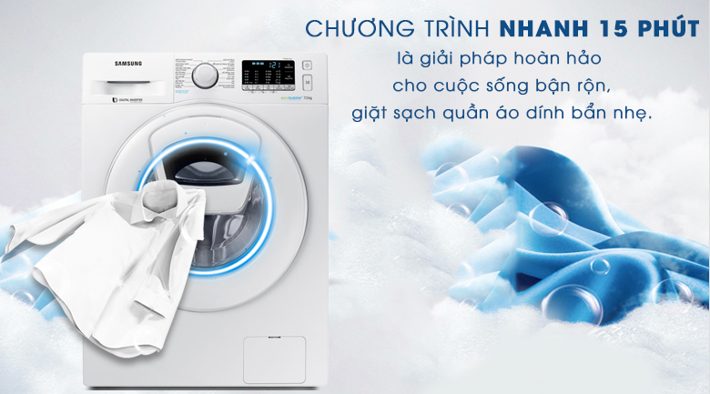 Giặt nhanh 15 phút - Máy giặt Samsung AddWash Inverter 7.5 kg WW75K52E0WW/SV